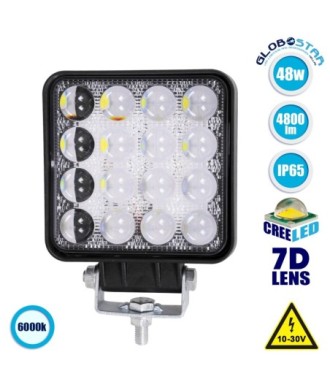 GLOBOSTAR® WORKPRO 85408 Προβολάκι LED 48W 4800lm 45° DC 10-30V Αδιάβροχο IP65 Ψυχρό Λευκό 6000K - CREE XBD 7D Chip - Μ10.8 x Π3.2 x Υ12.8cm - 2 Χρόνια Εγγύηση